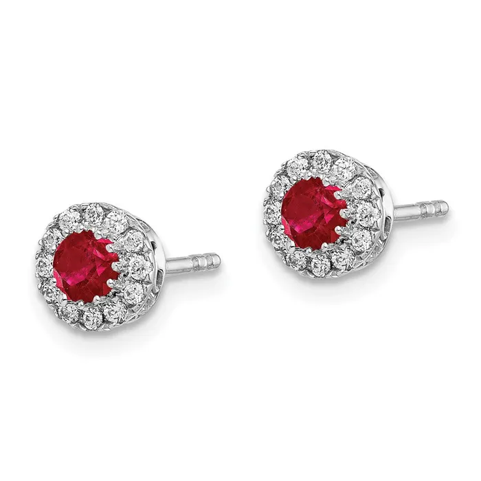 Solid 14k White Gold Simulated CZ and Ruby Halo Post Earrings Goldia Earrings Solid 14k White Gold Simulated CZ and Ruby Halo Post Earrings Goldia Earrings