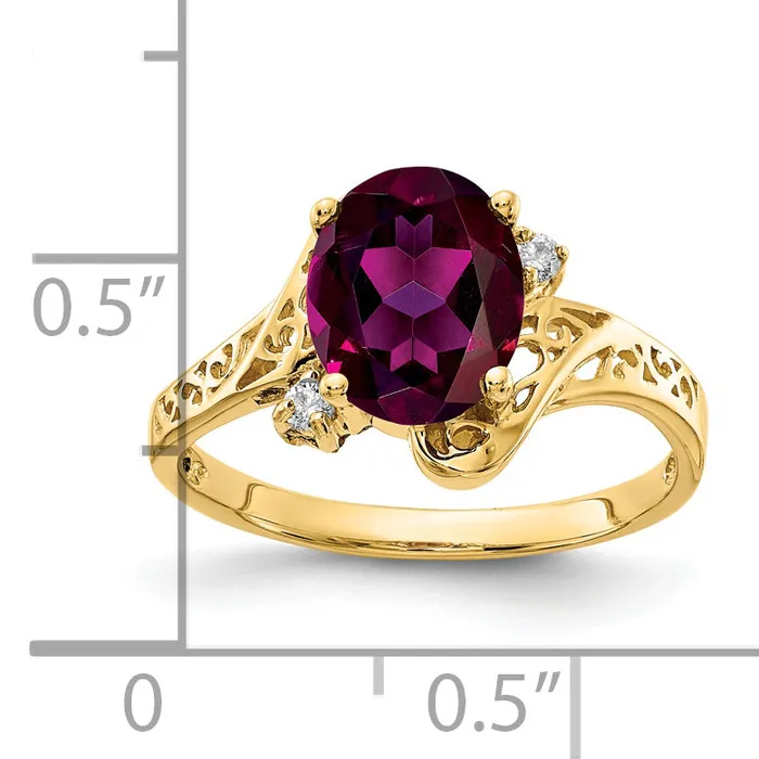 Solid 14k Yellow Gold 9x7mm Oval Rhodolite Simulated Garnet AA CZ Ring Goldia Rings