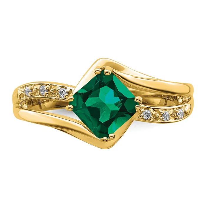 Solid 14k Yellow Gold Created Simulated Emerald and CZ Ring Goldia Rings