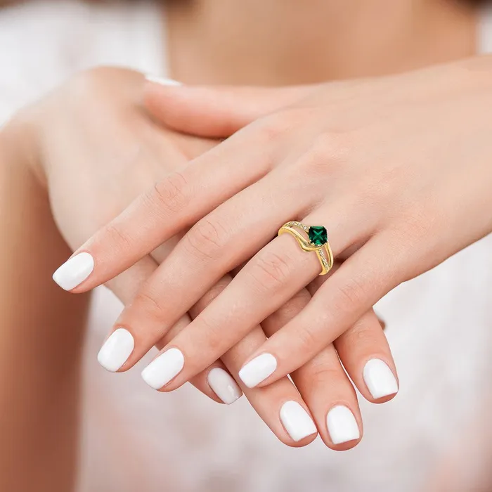 Solid 14k Yellow Gold Created Simulated Emerald and CZ Ring Goldia Rings