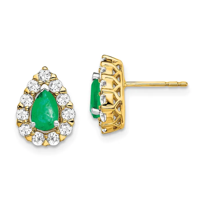 Solid 14k Yellow Gold Pear Simulated Emerald and CZ Halo Post Earrings Goldia Earrings Solid 14k Yellow Gold Pear Simulated Emerald and CZ Halo Post Earrings Goldia Earrings