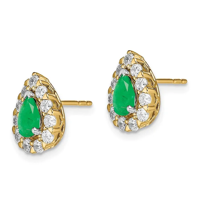 Solid 14k Yellow Gold Pear Simulated Emerald and CZ Halo Post Earrings Goldia Earrings