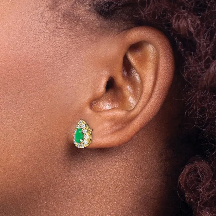 Solid 14k Yellow Gold Pear Simulated Emerald and CZ Halo Post Earrings Goldia Earrings