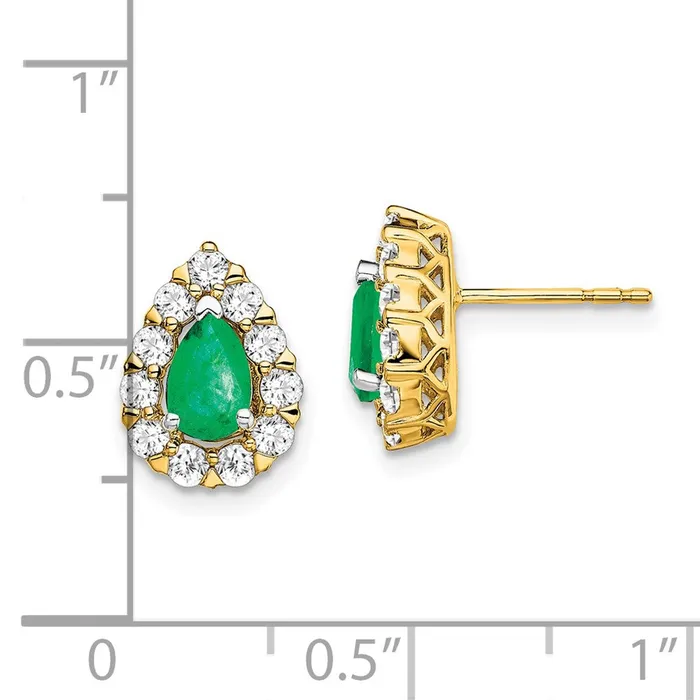 Solid 14k Yellow Gold Pear Simulated Emerald and CZ Halo Post Earrings Goldia Earrings