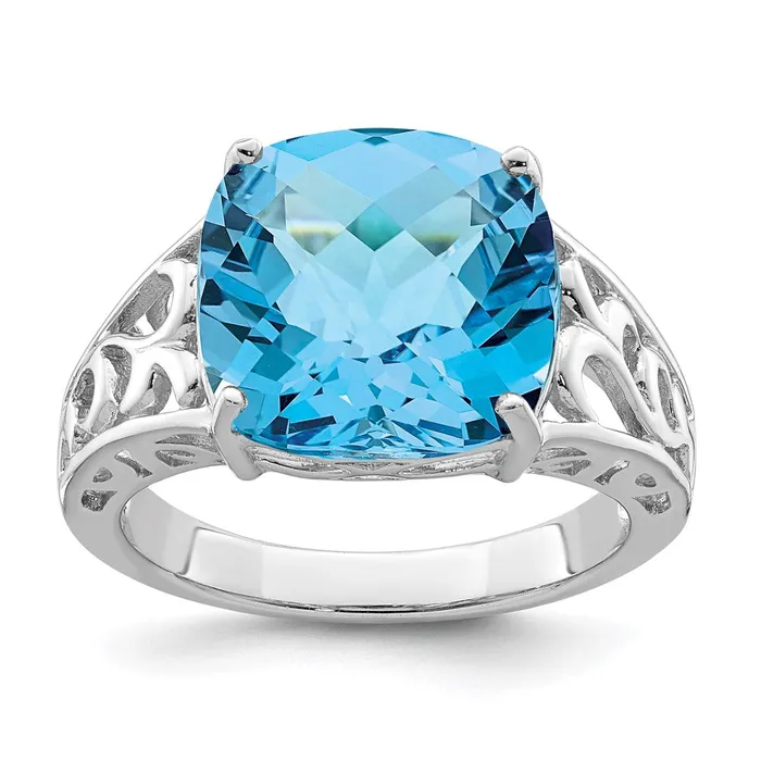 Sterling Silver Rhodium CheckerCut Blue Topaz Ring Goldia Rings