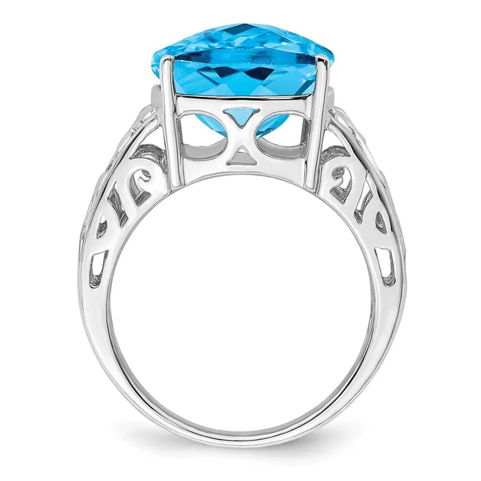 Sterling Silver Rhodium CheckerCut Blue Topaz Ring Goldia Rings