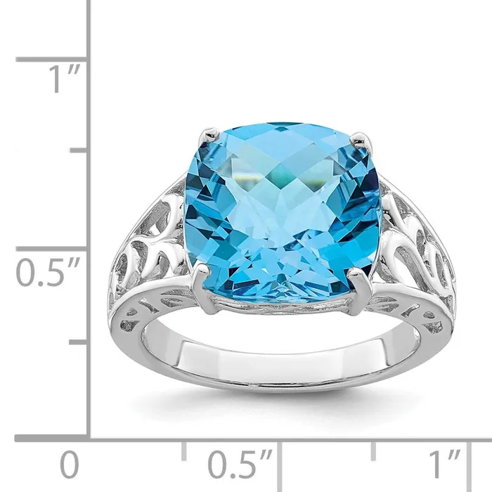 Sterling Silver Rhodium CheckerCut Blue Topaz Ring Goldia Rings