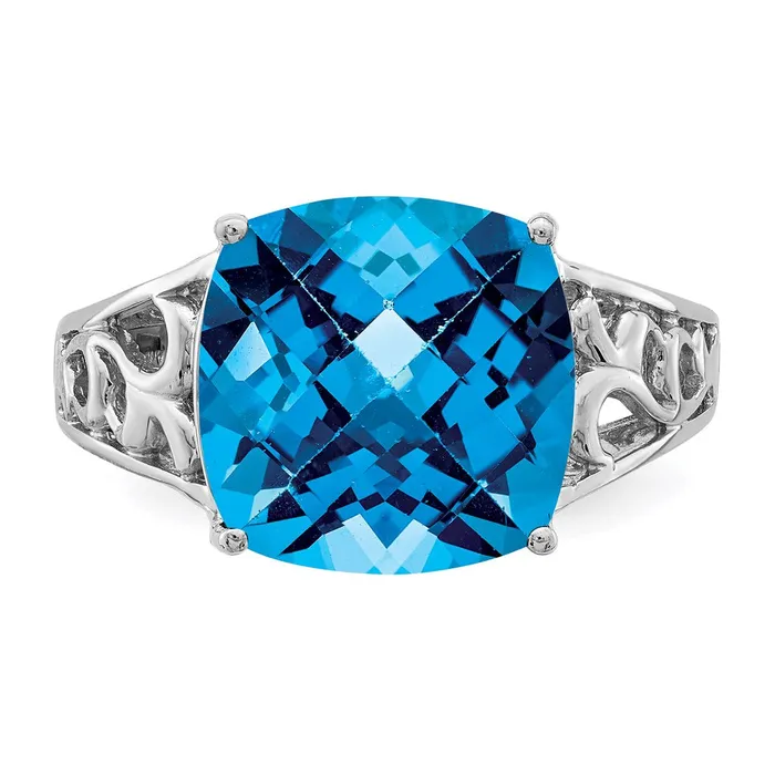 Sterling Silver Rhodium CheckerCut Blue Topaz Ring Goldia Rings